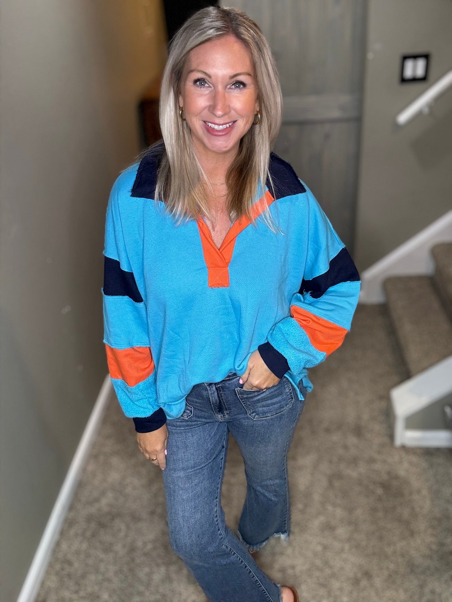 Aqua Orange Collared Sweatshirt