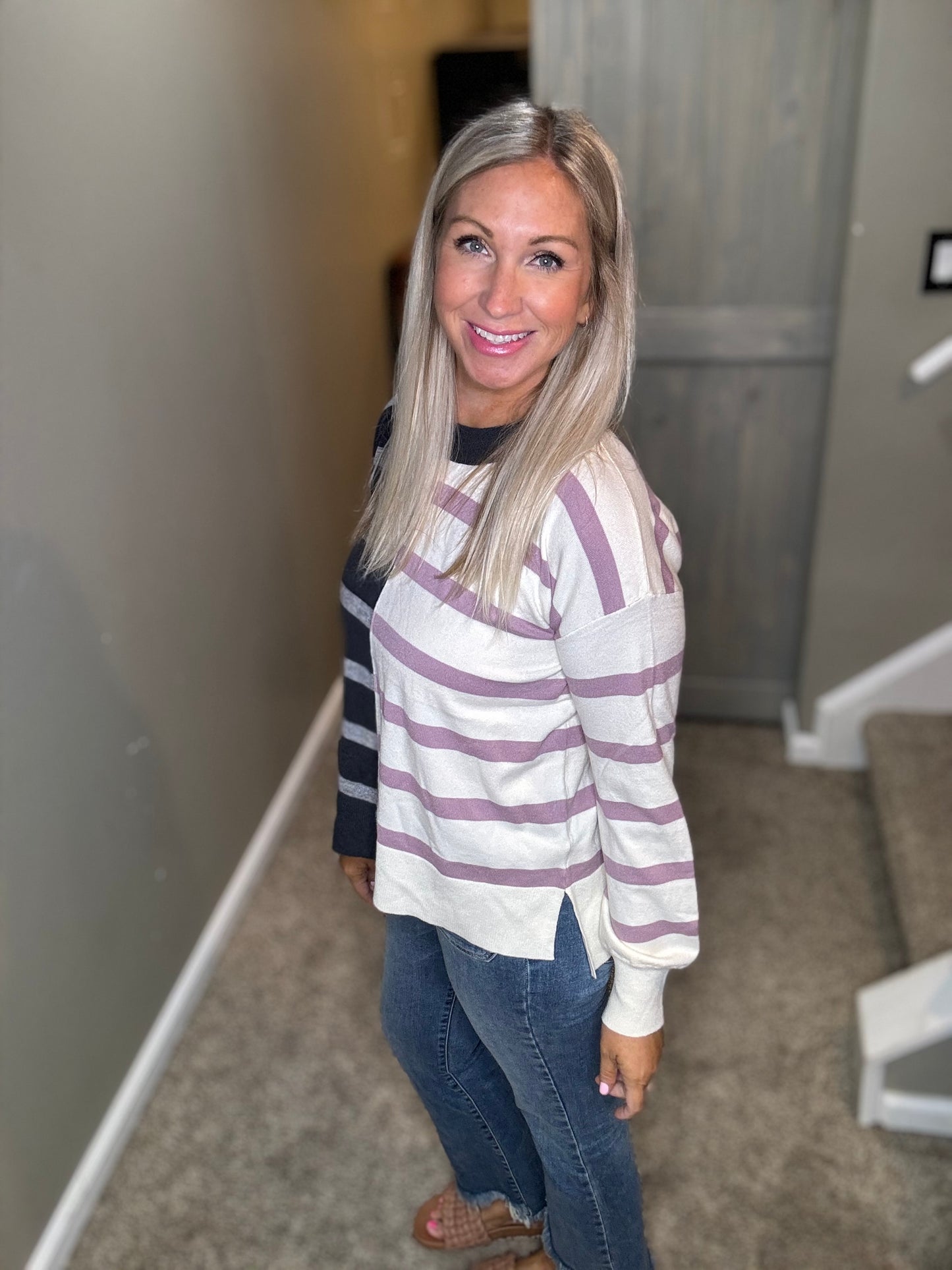 Navy Lavender Striped Sweater