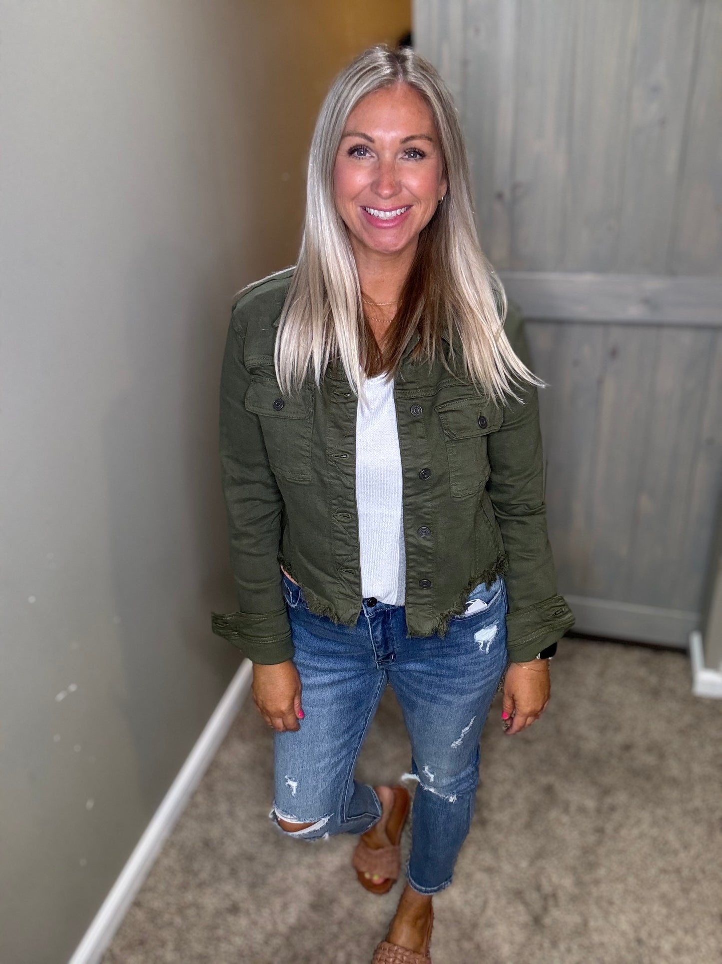 Olive Fringe Hem Denim Jacket