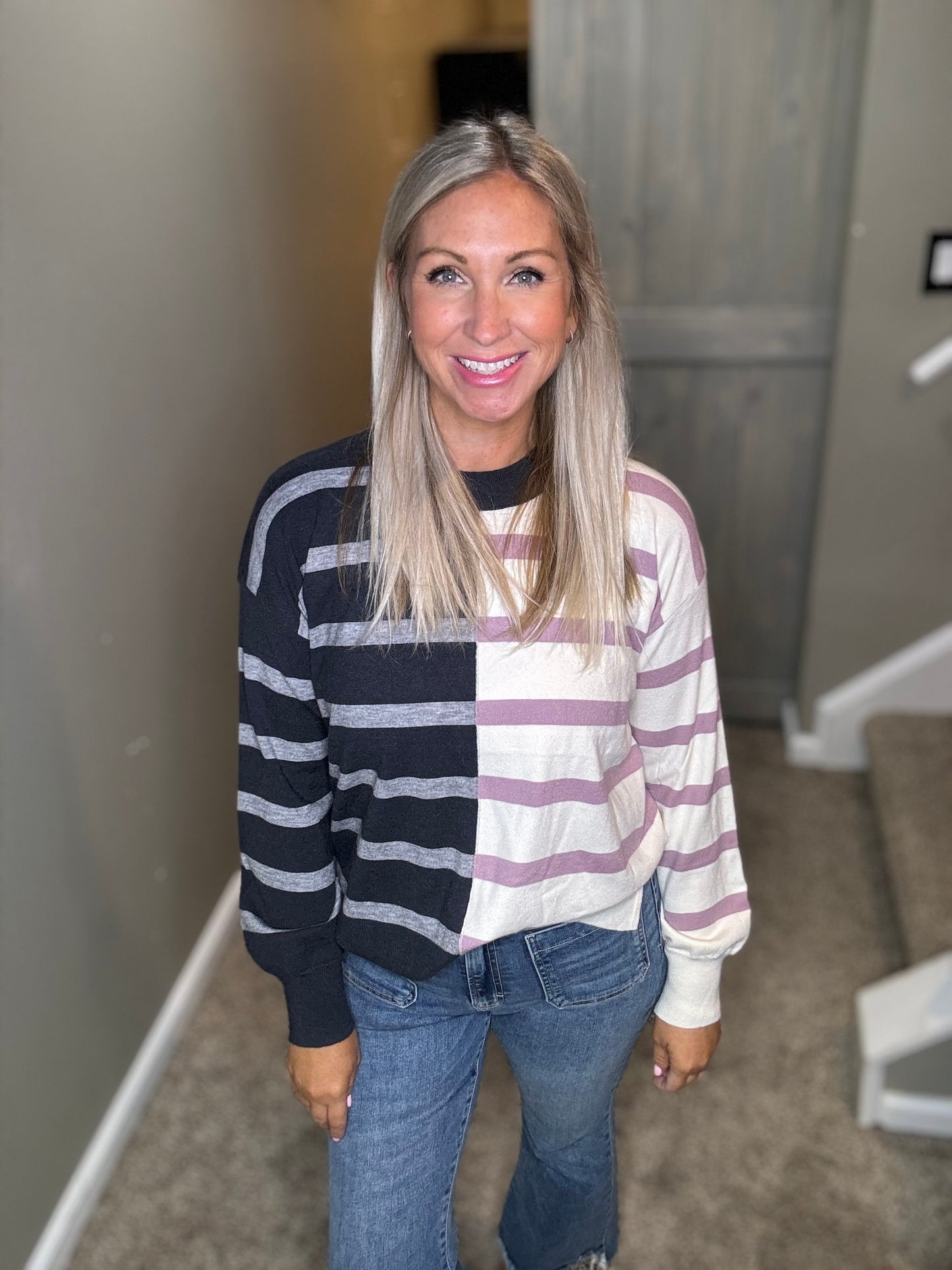 Navy Lavender Striped Sweater