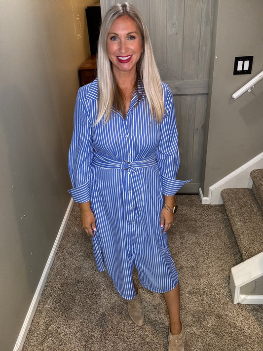 Blue Striped Midi Shirt Dress