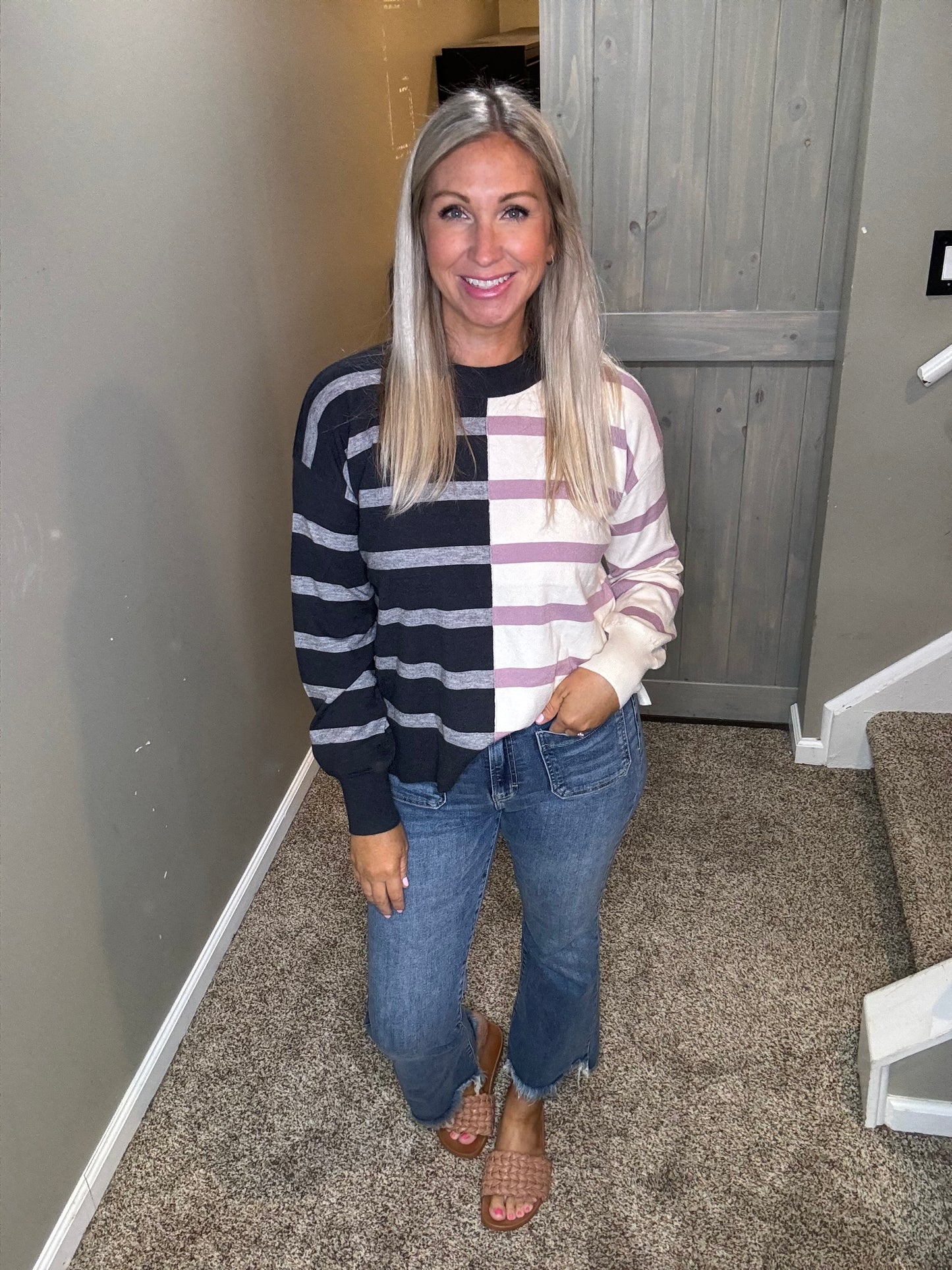 Navy Lavender Striped Sweater