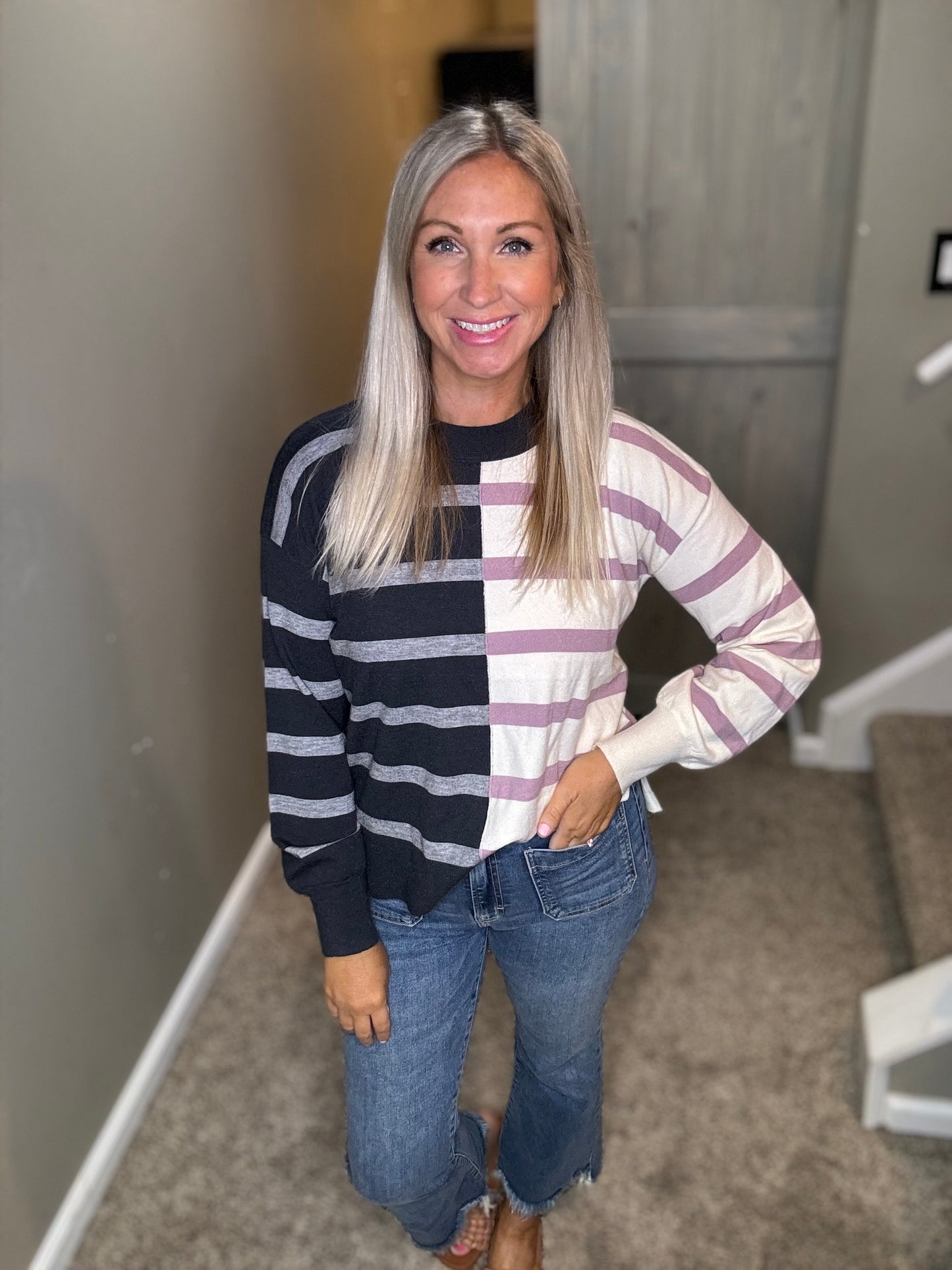 Navy Lavender Striped Sweater