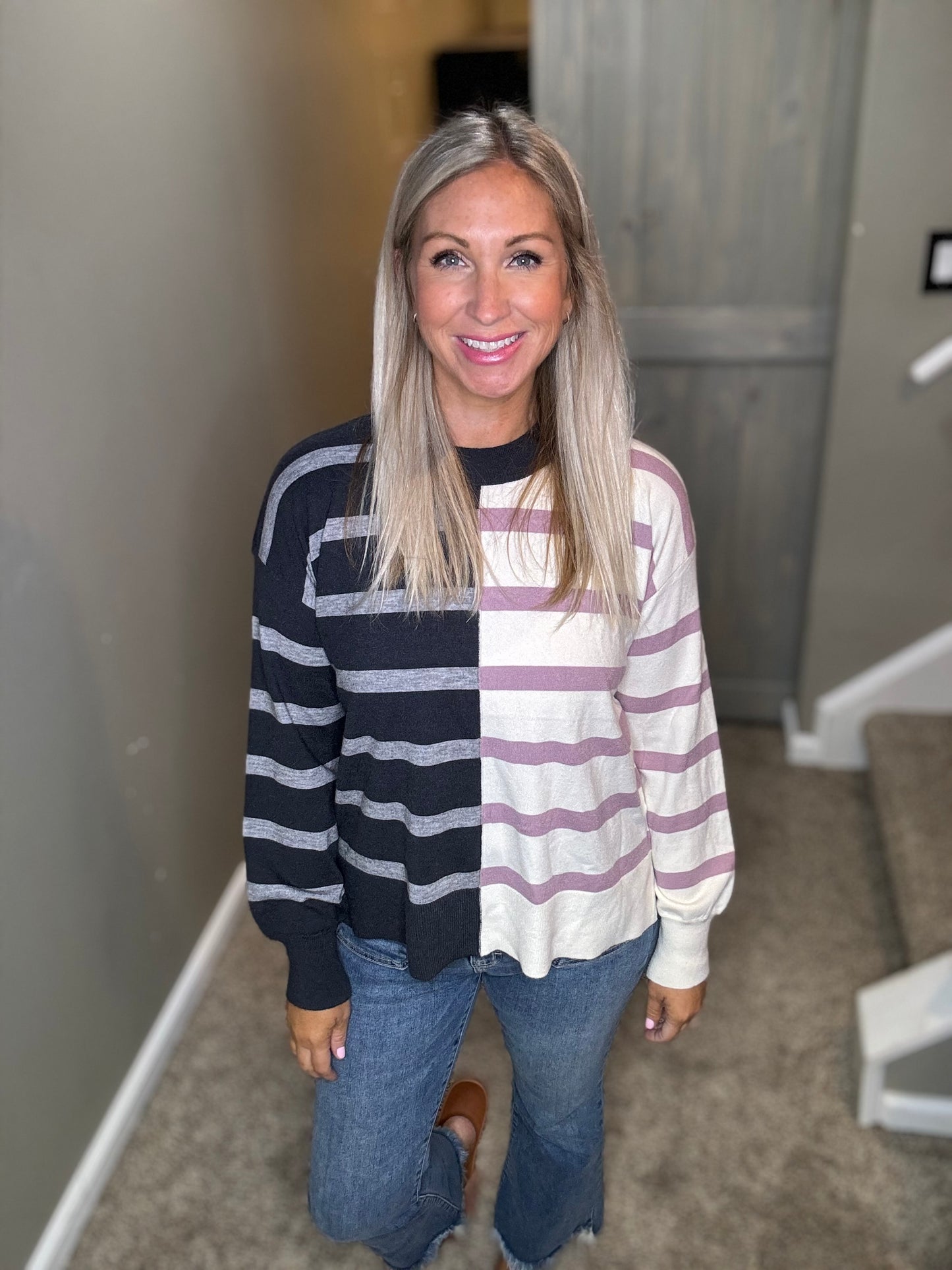 Navy Lavender Striped Sweater